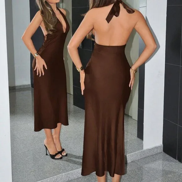 Brown Y2k Women's Sexy Backless Party Dress - Picture 2 of 5